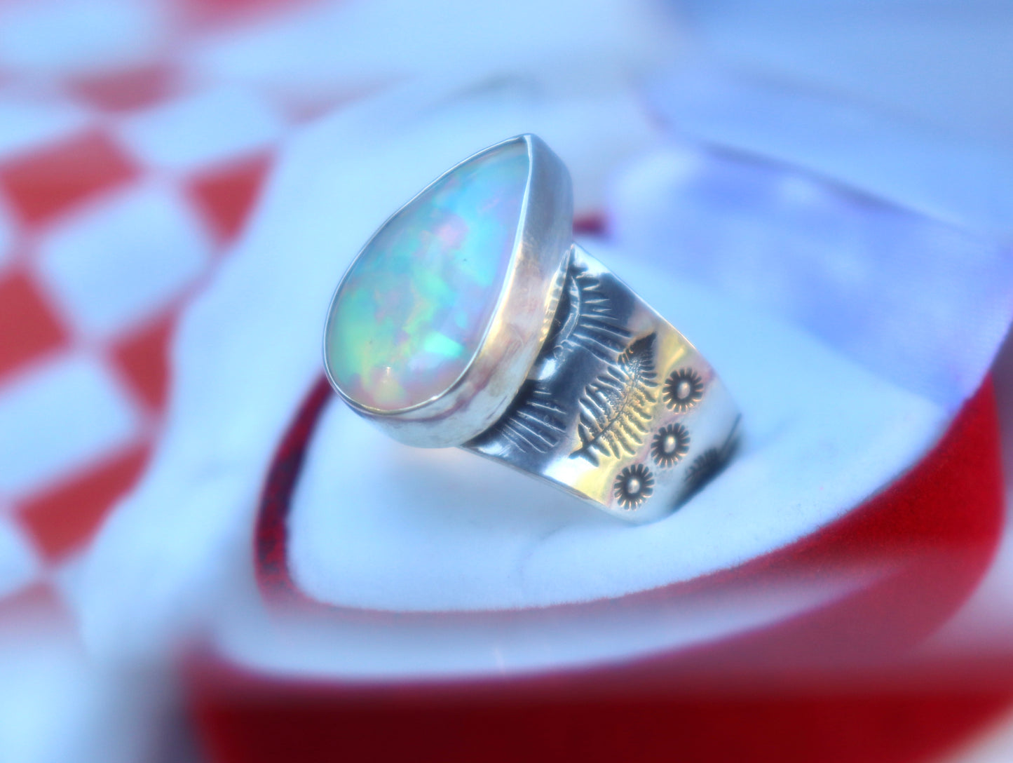 Opal and sterling silver stamped wide band ring size 10