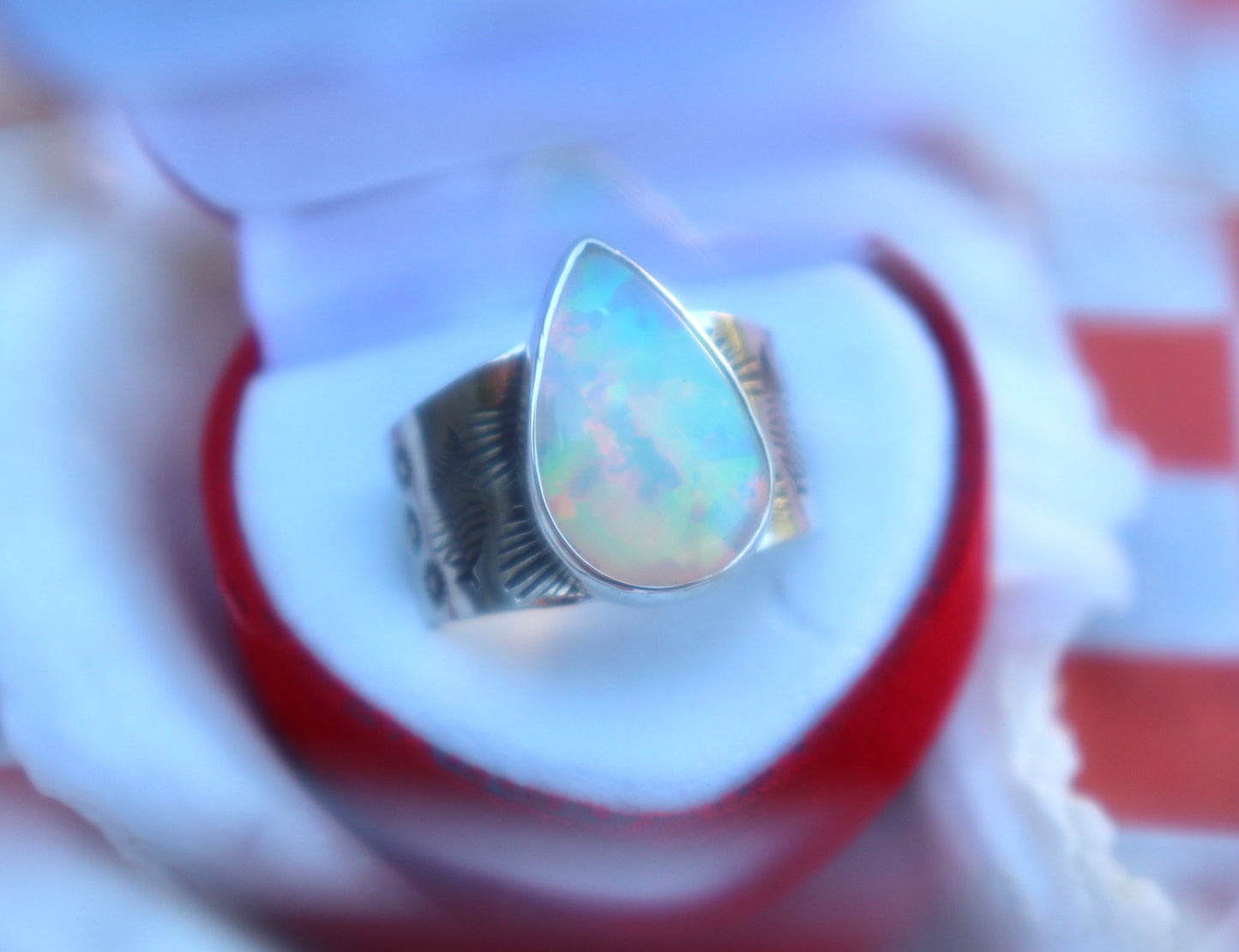 Opal and sterling silver stamped wide band ring size 10