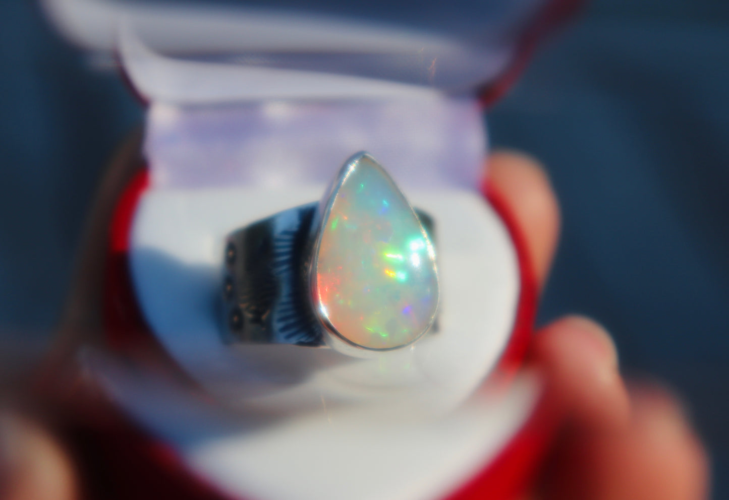 Opal and sterling silver stamped wide band ring size 10